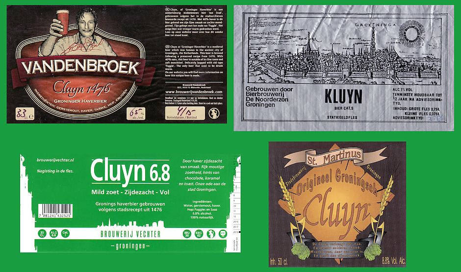 Kluinbier etiketten, r-boven: Brouwerij Noorderzon (1985), r-onder: Cluyn van Sint Martinus (1992). L-boven: Brouwerij Van den Broek Midwolde (vanaf 2016), l-onder: Brouwer Vechter (2016, niet meer op de markt). Bron: pinkgron.nl.